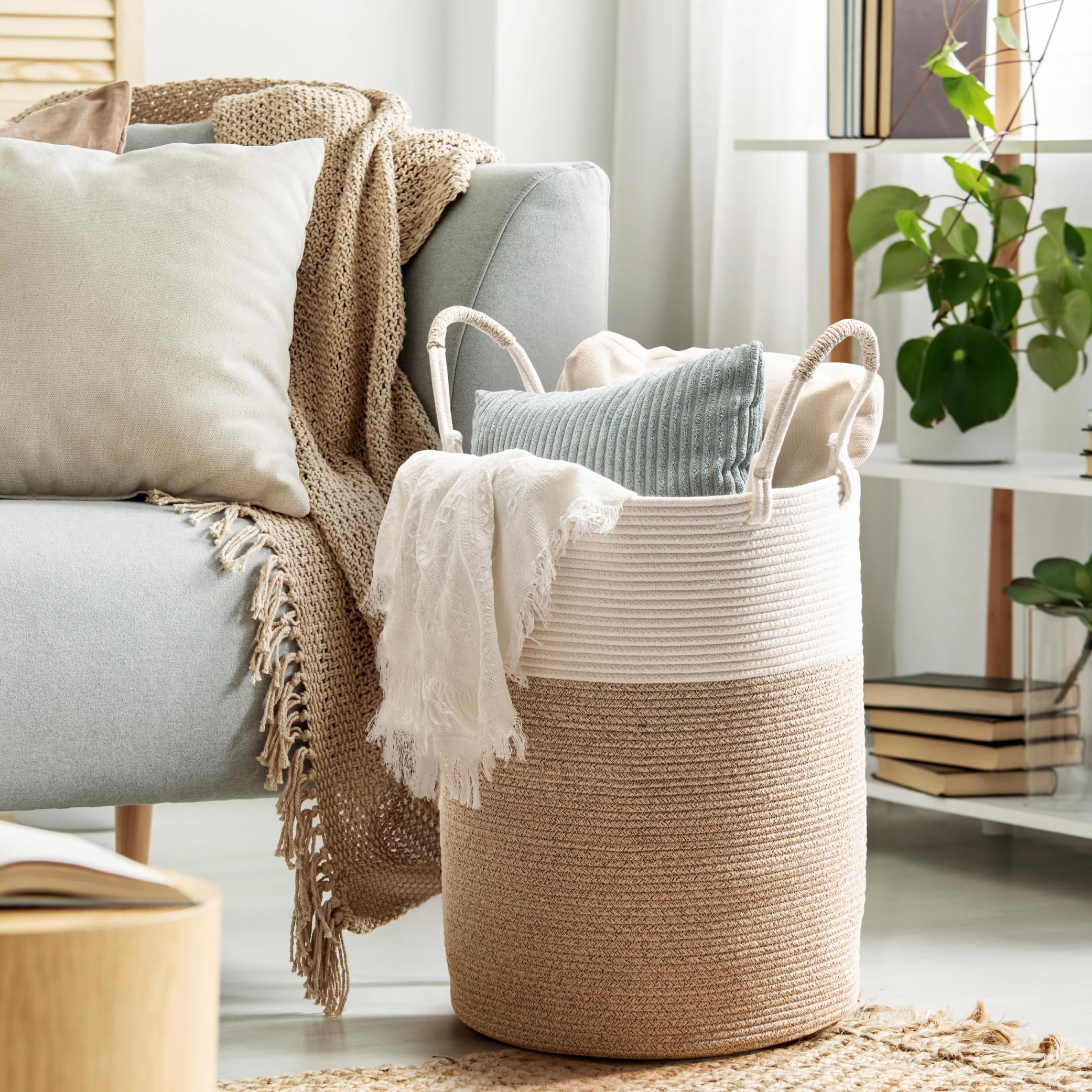 Kodomoore Laundry Basket – Laundry Hamper for Clothes, Blankets, Yoga Mat – Woven Cotton Rope Basket for Living Room, Nursery Room – Boho Style – 16”D x 22”H – White & Beige Brown