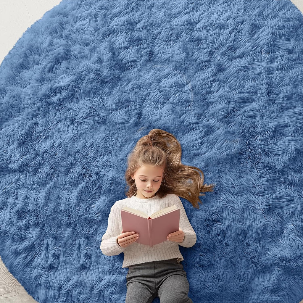 OLANLY Blue Round Area Rug - Soft, Fluffy, Machine Washable 8 ft Circle Carpet for Bedroom & Living Room Decor