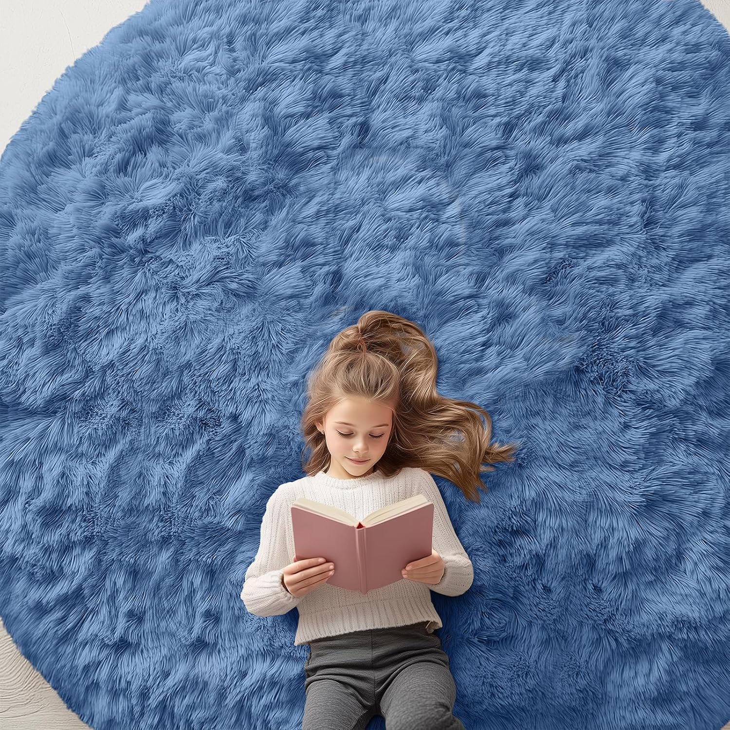 OLANLY Blue Round Area Rug - Soft, Fluffy, Machine Washable 8 ft Circle Carpet for Bedroom & Living Room Decor