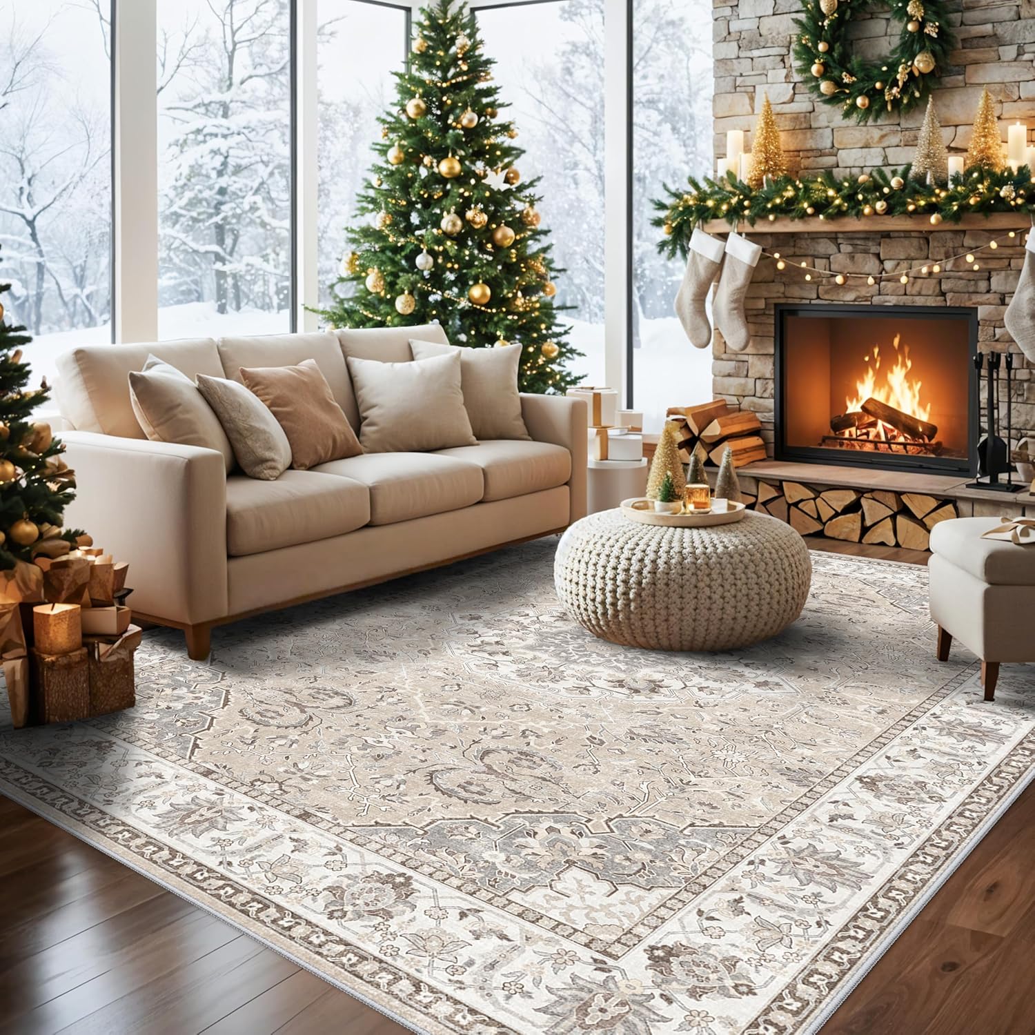 Skiennix 8x10 Living Room Rug - Washable Oriental Stain Resistant Carpet | Ultra Soft Non-Slip Design in Beige