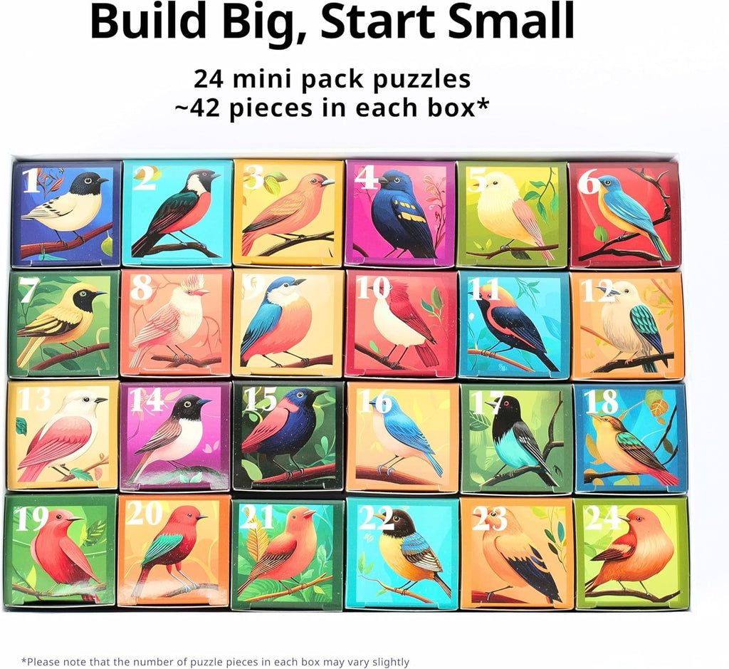 Rokt&Razo Mini Daily Puzzles - 24 Individual Bird Designs | 1000 Pieces Advent Calendar for All Ages - 27.5 x 19.7 in