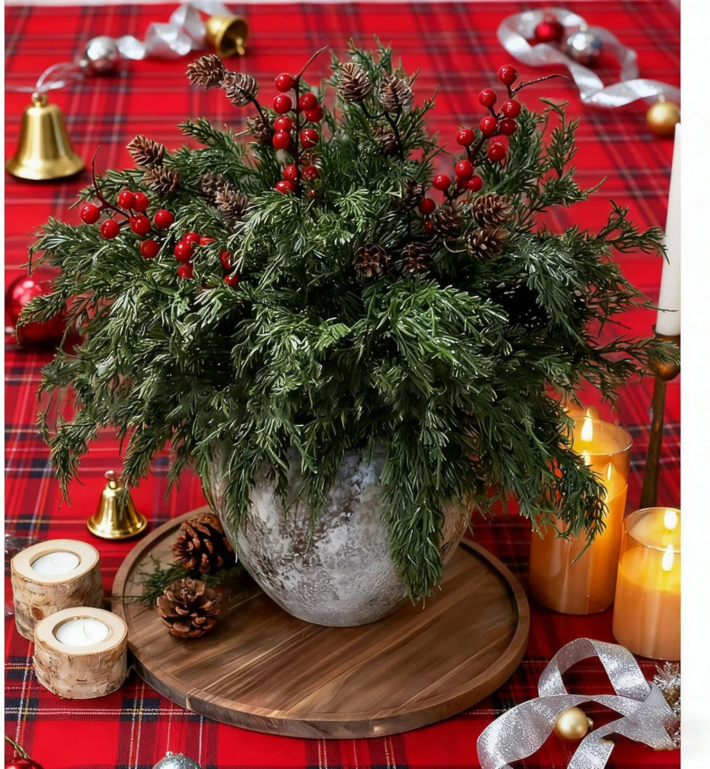 Skiennix Faux Cedar Stems - Realistic Norfolk Pine Branches for Christmas Decor | 12 Stems + Berries + Pinecones
