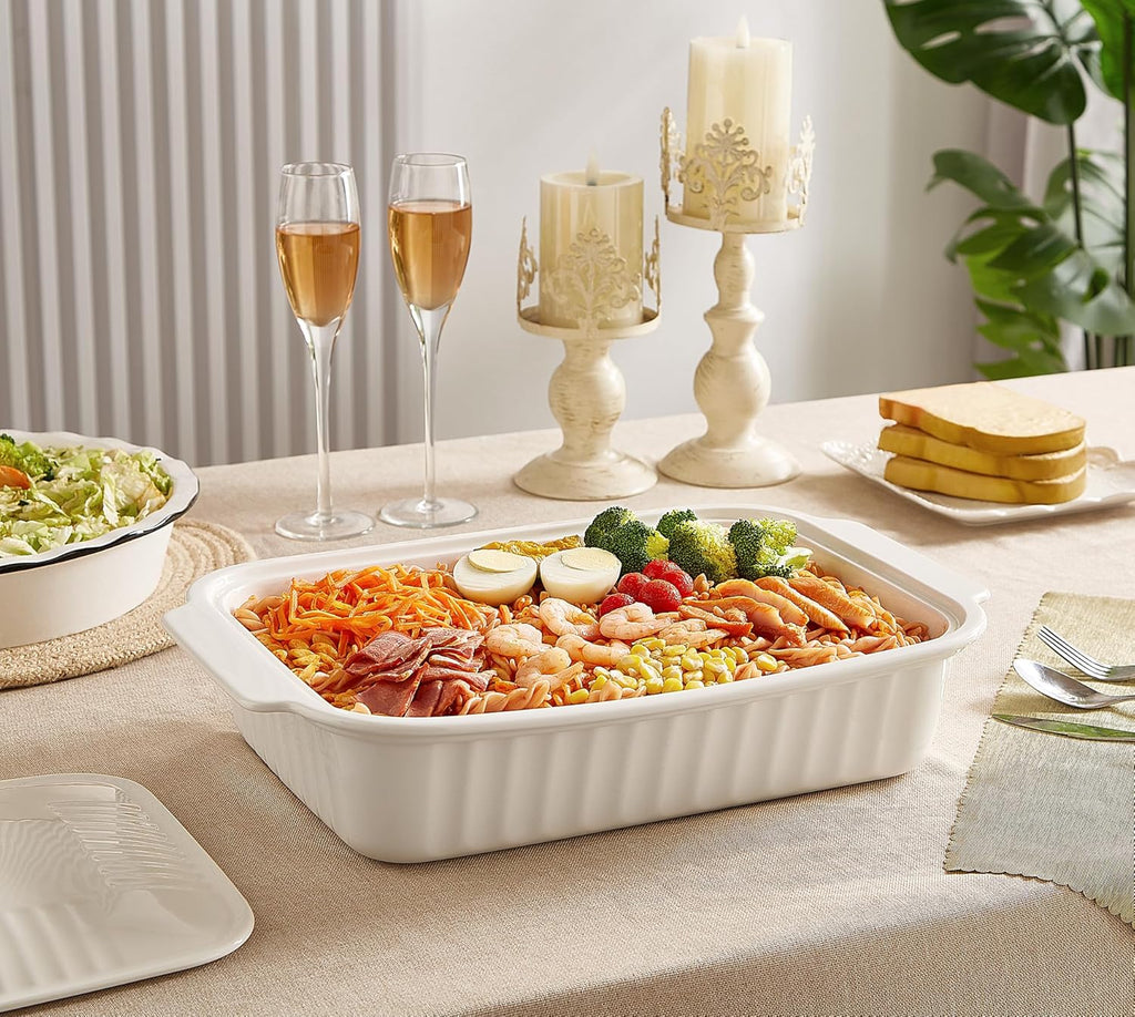 Regine Switzerland Large Baking Dish - 5.5 Quart Ceramic Lasagna Pan with Lid | Dishwasher & Microwave Safe, White