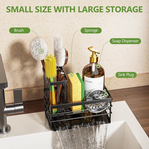 Cisily Sink Caddy - Rustproof Kitchen Organizer with Brush Holder & Self-Drain Tray | Black