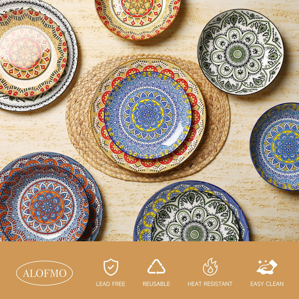 Ceramic Dinnerware 12 Pieces Dinner Set,Plates Pasta Bowls Cereal Bowls Reactive Change Glaze Dish Sets, Modern Stoneware Dishe Bohemian colors (Bohemia)