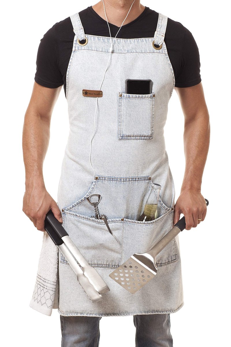 ARAWAK BRAVE Denim Apron for Chef Kitchen BBQ Grill Blue Towel Loop + Quick Release Buckle + Tool Pockets Adjustable M to XXL
