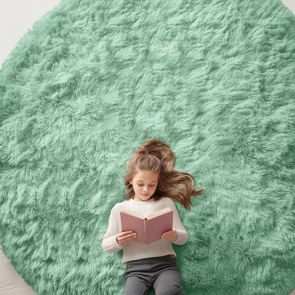 OLANLY Mint Green Round Rug - Soft, Fluffy Shaggy Carpet for Bedroom & Living Room | 9 ft Circle Area Rug