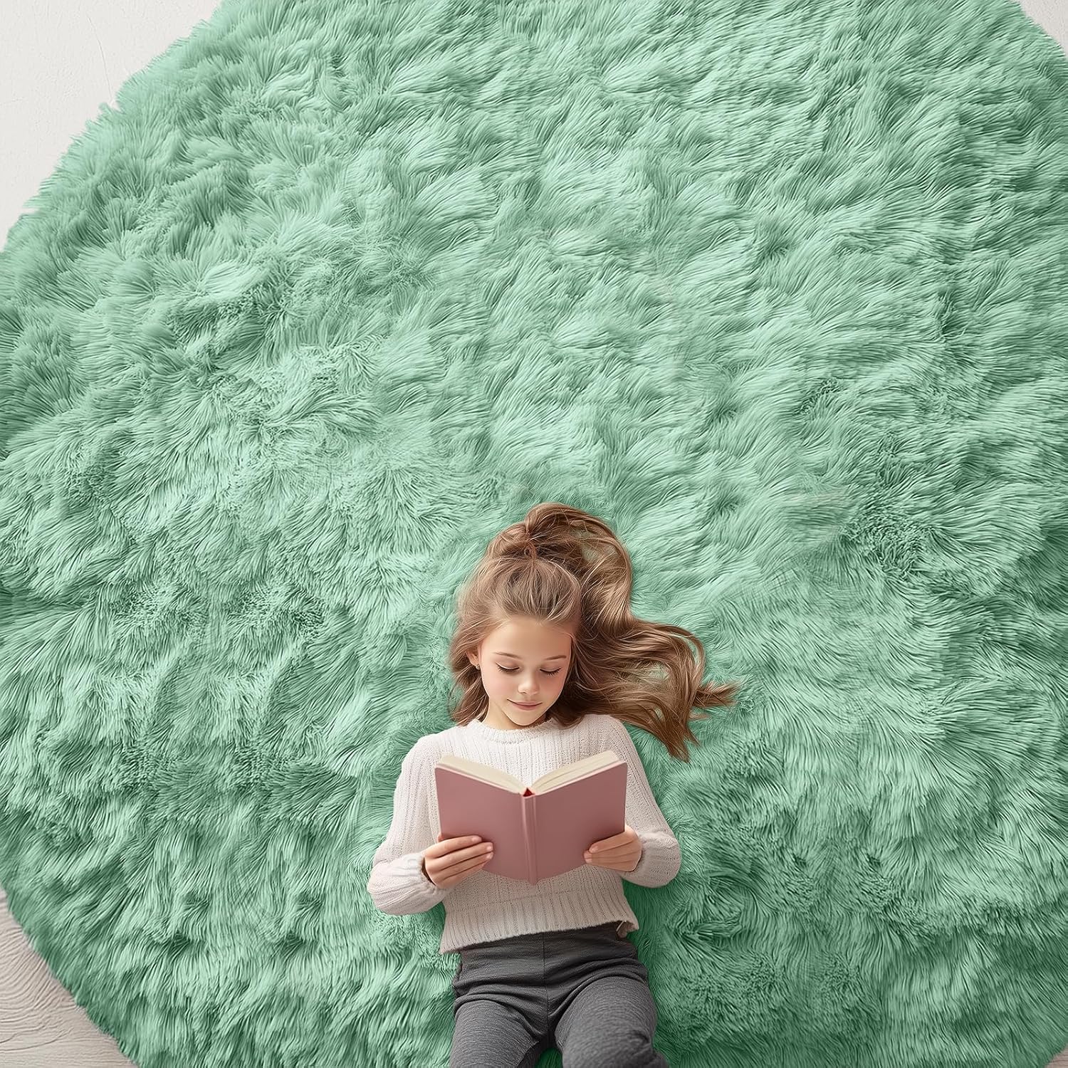 OLANLY Mint Green Round Rug - Soft, Fluffy Shaggy Carpet for Bedroom & Living Room | 9 ft Circle Area Rug