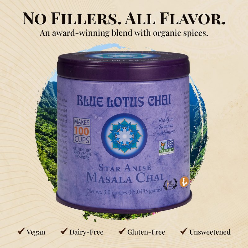 Blue Lotus Chai - Star Anise Masala Chai - Makes 100 Cups - 3 Ounce Masala Spiced Chai Powder with Organic Spices - Instant Indian Tea No Steeping - No Gluten