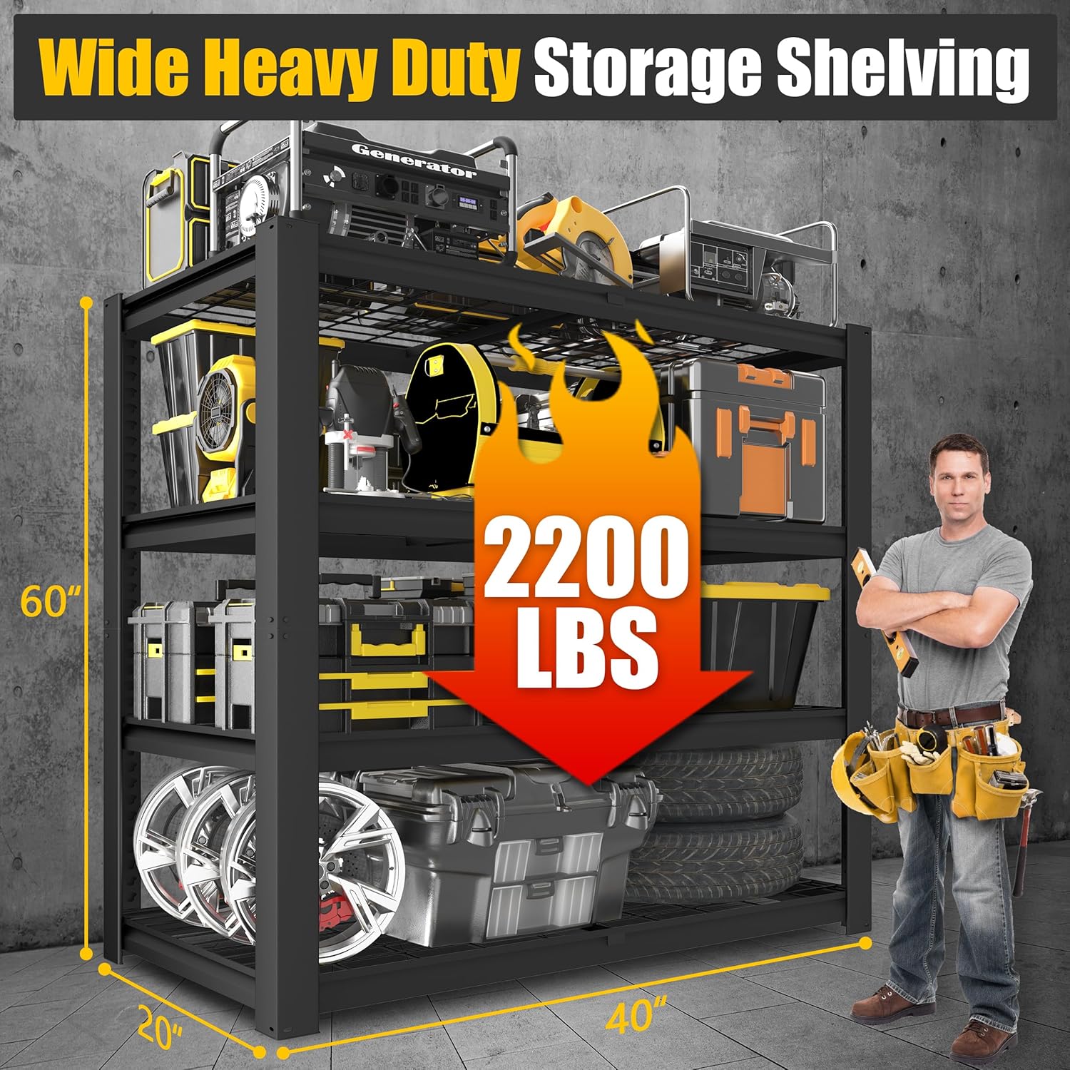 PrimeZone Heavy Duty Garage Shelving - 2200 LBS Capacity, 4-Tier Adjustable Metal Rack | 40" W X 20" D X 60" H