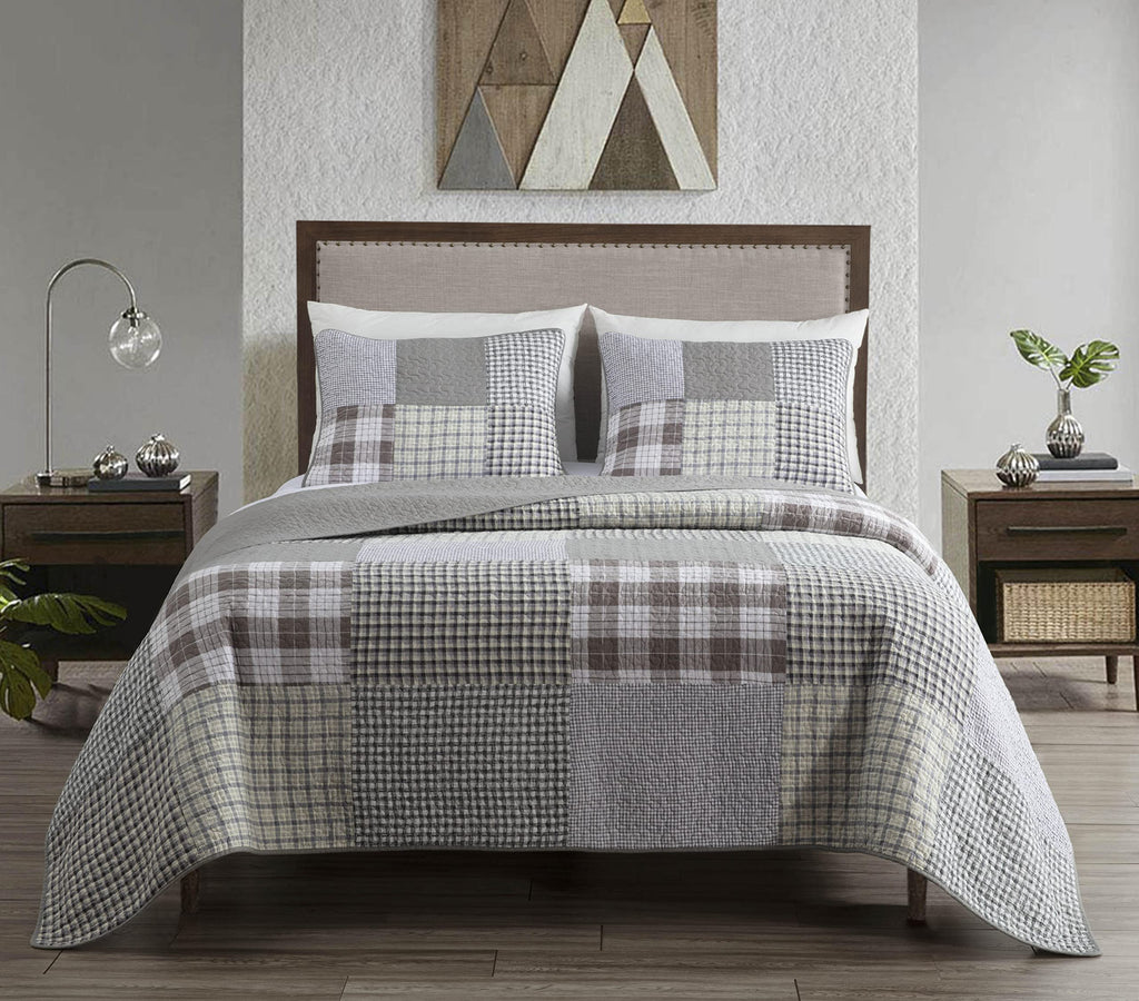 Chezmoi Collection Adrian 3-Piece Plaid Windowpane Checkered Patchwork Quilt Set - Soft Lightweight 100% Washed Cotton Bedspread for All Season, Queen Size
