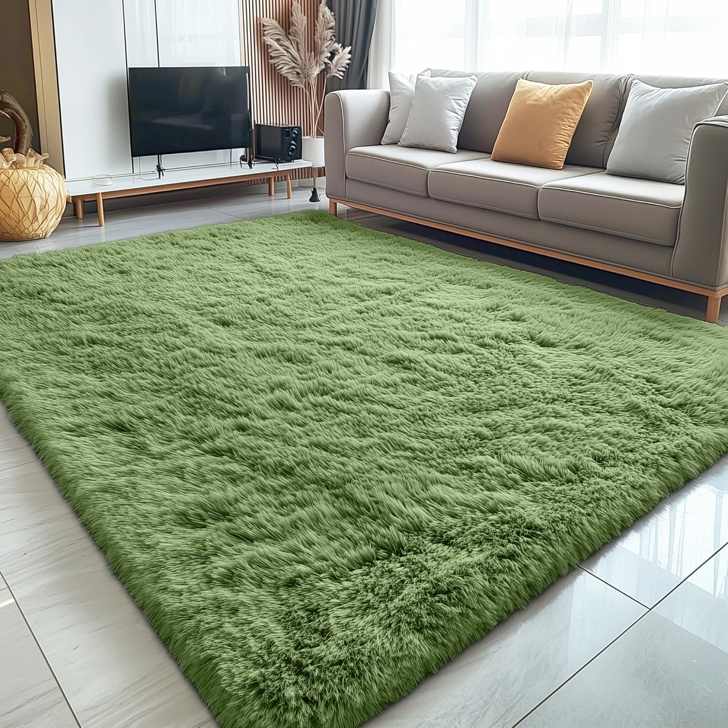 OLANLY 5x7 Large Area Rug - Soft Fluffy Shaggy Carpet for Living Room & Bedroom | Green Indoor Decor