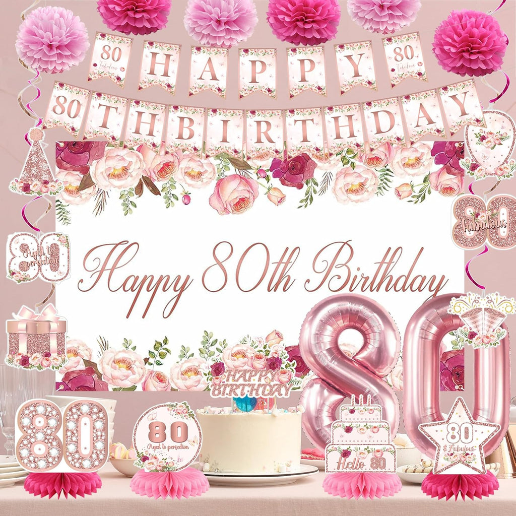 Vlipoeasn 80th Birthday Decorations - Rose Gold Backdrop Banner, Cake Topper & Swirl Hanging Decor