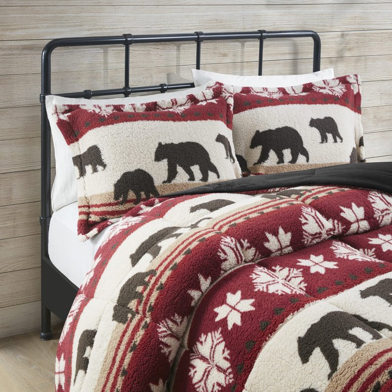 Woolrich Tunbridge Sherpa Comforter Set with Soft Faux Mink Reverse - Southwestern Rustic Cabin Print, Cozy Warm Bedding for Cold Season, Matching Shams, King/Cal King, Red/Black 3 Piece