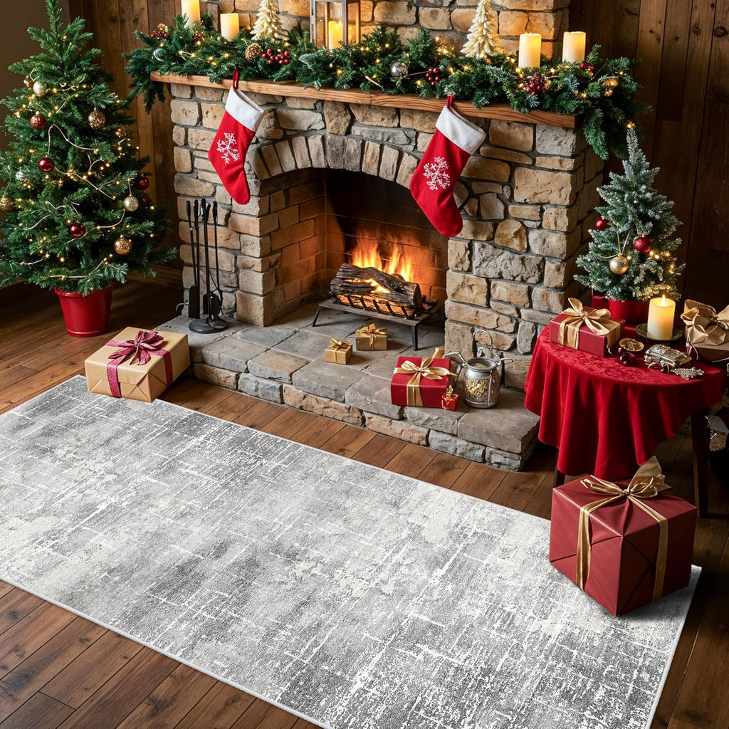 Skiennix Washable Abstract Kitchen Rug - Non-Slip Water-Resistant Floor Mat | 2x6 Light Grey for Modern Homes