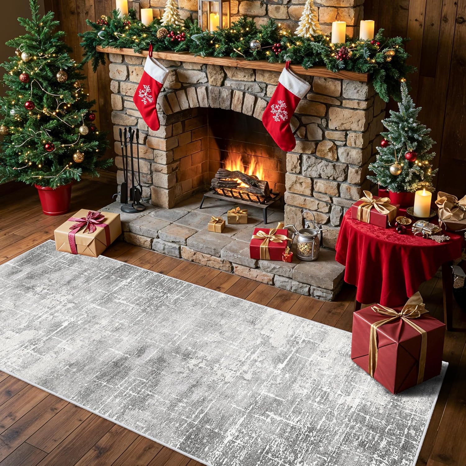 Skiennix Washable Abstract Kitchen Rug - Non-Slip Water-Resistant Floor Mat | 2x6 Light Grey for Modern Homes