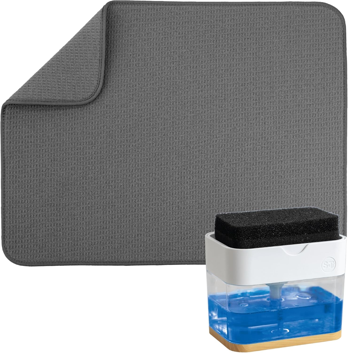 S&T INC. Dish Drying Mat - 18" x 24" Charcoal with White Bamboo Dish Soap Dispenser Bundle