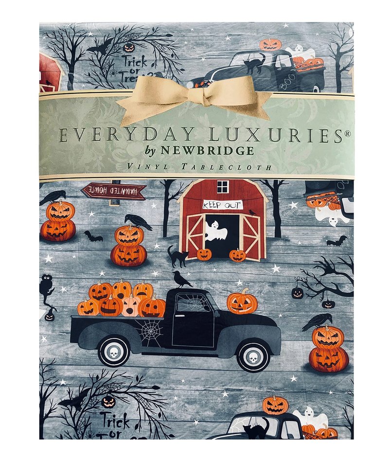 Newbridge 60 x 84 Inch Rectangle Haunted Halloween Rustic Ghost Farm Vinyl Tablecloth with Flannel Backing, Haunted Barn and Pumpkin Truck Farm Scene, Easy Care Wipe Clean Table Cover