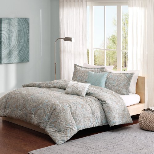 Madison Park Pure Ronan Cotton Comforter Set-Casual Paisley Design All Season Alternative Down Cozy Bedding, Matching Shams, Decorative Pillows, Full/Queen (88 in x 92 in), Blue, 5 Piece