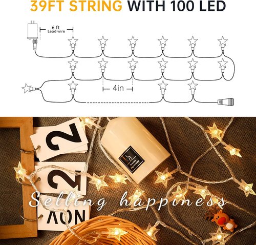 HEYFUNi 39FT Warm White Star String Lights - 100 LED Waterproof Fairy Twinkle Lights for Indoor & Outdoor Decor