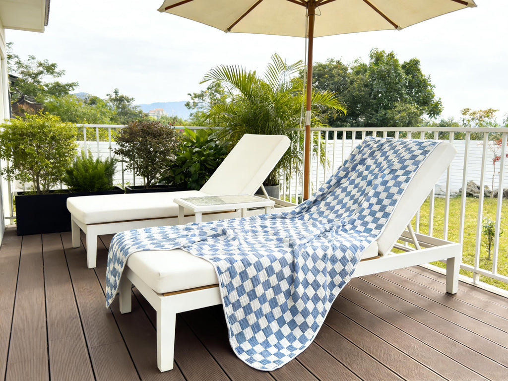 6-Layer Gauze Muslin Blanket 100% Cotton Blue Checkerboard King Size 90"x104" Cooling Throw Blanket Lightweight Soft and Breathable Cozy Blanket Bed Coverlet Both Sides (Blue Checkerboard, King)