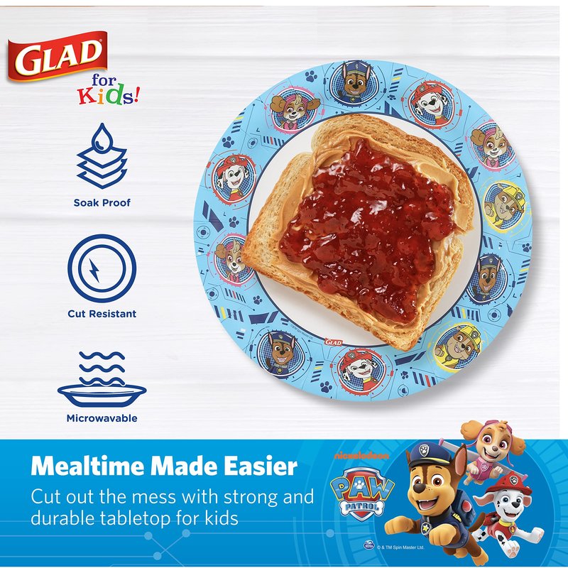 Glad for Kids Paw Patrol Disposable Paper Plates, Heavy Duty Soak Proof Microwavable Kids Plates for Parties, Birthdays, and Everyday Meals, Core Pups Blue, 7 Inch, 20 Count - 5 Pack