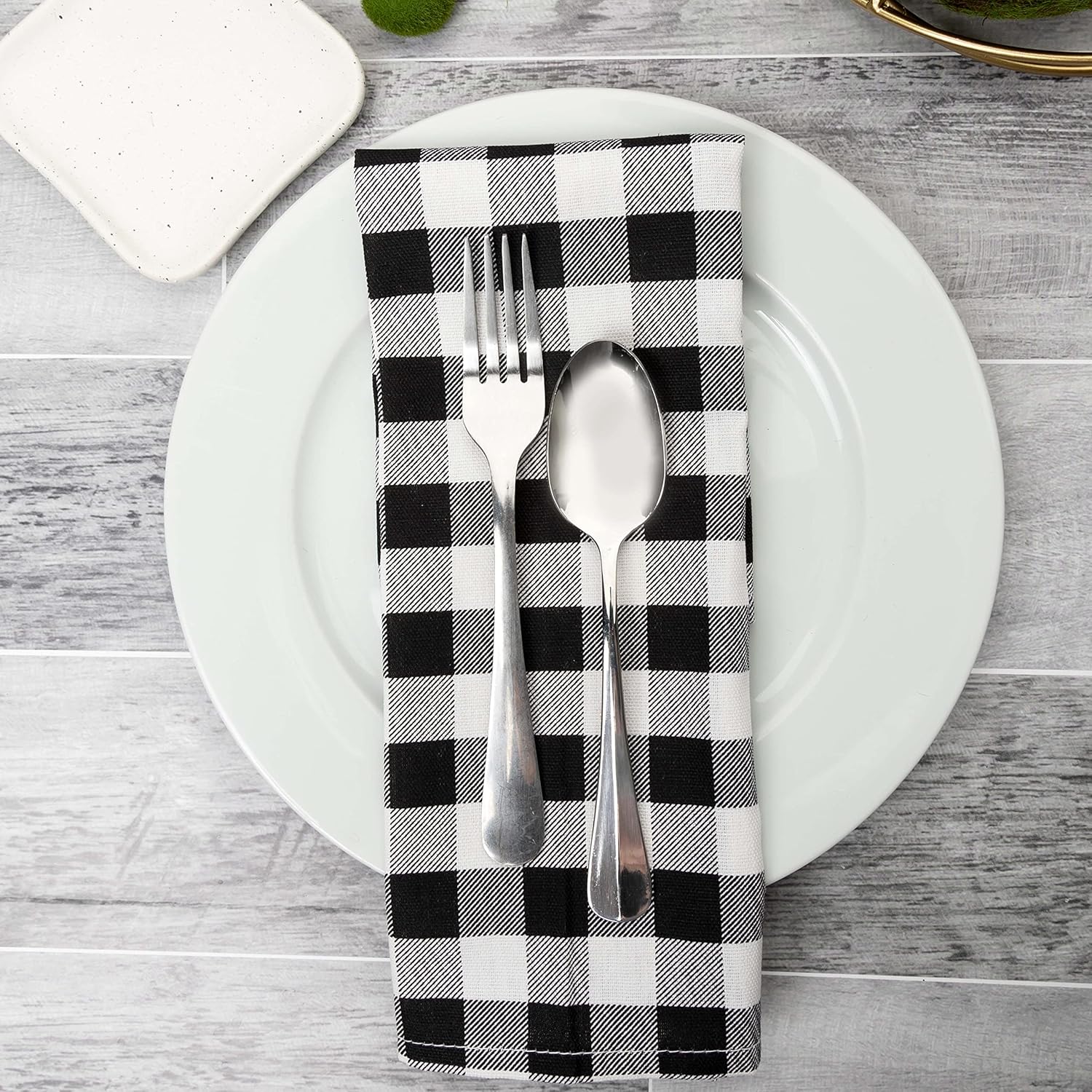 PERLLI Kitchen Cloth Napkins - 12 Pack 18x18 Inches | 100% Cotton Black and White Plaid Design, Washable & Reusable for Elegant Table Settings