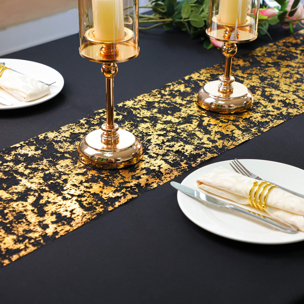 Snowkingdom Black and Gold Table Runner 100 Feet Glitter Golden Metallic Table Centerpieces Foil Runners Party Decorations for Graduation Birthday Retirement Wedding Christmas Halloween Thanksgiving