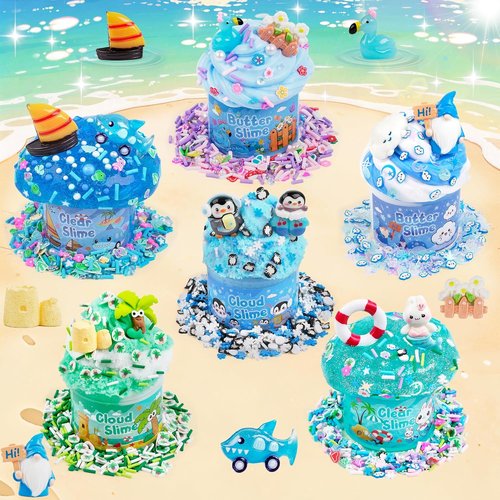 LAWOHO Blue Ocean Slime Kit - 6 Pack Clear Butter Cloud Slime for Kids Ages 8-12 | Perfect Party Favors & Gifts