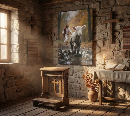 Jesus Canvas Wall Art - Good Shepherd Running After Lost Lamb | Christian Decor for Home & Church