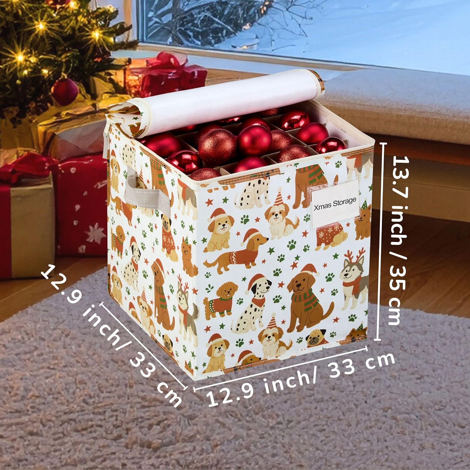 VENO Christmas Ornament Storage Box - 2 Pack for 64 Ornaments | Adjustable Dividers & Zippered Top - Holiday Pups Design