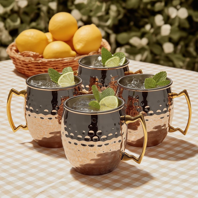 K&K Home Black Moscow Mule Mugs - 17oz Hammered Black Cups with Stainless Steel Lining - Set of 4 Black Mugs Perfect for Cold Drinks, Beer, Wine, Outdoors, Gifts and Parties