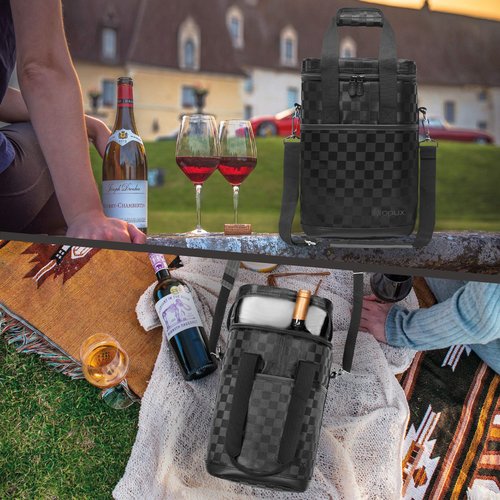 Opux 4 Bottle Insulated Wine Cooler Bag - Leakproof Padded Portable Wine Bottle Carrier for Travel Picnic, BYOB Gift (Black Square)