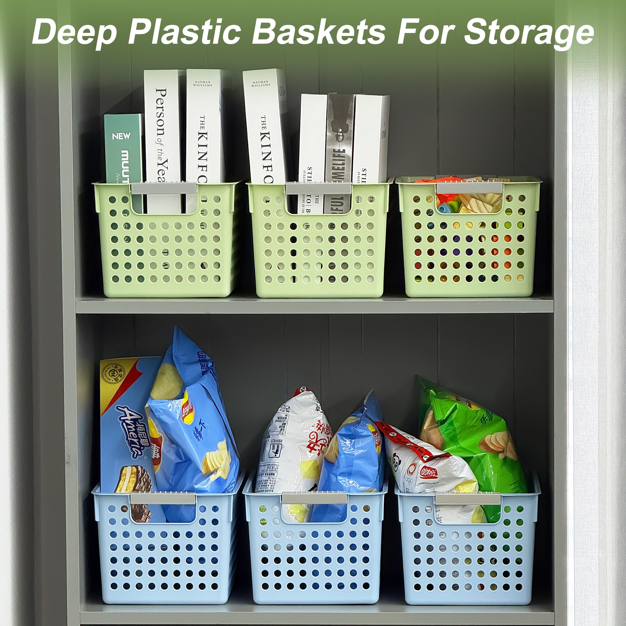 Soddeph 4 Pack Plastic Storage Basket with Handles, Small Deep Organizer Bin with Hollow Design for Under Counter, Shelf, Closet, Kitchen or Bathroom (Green, Small)
