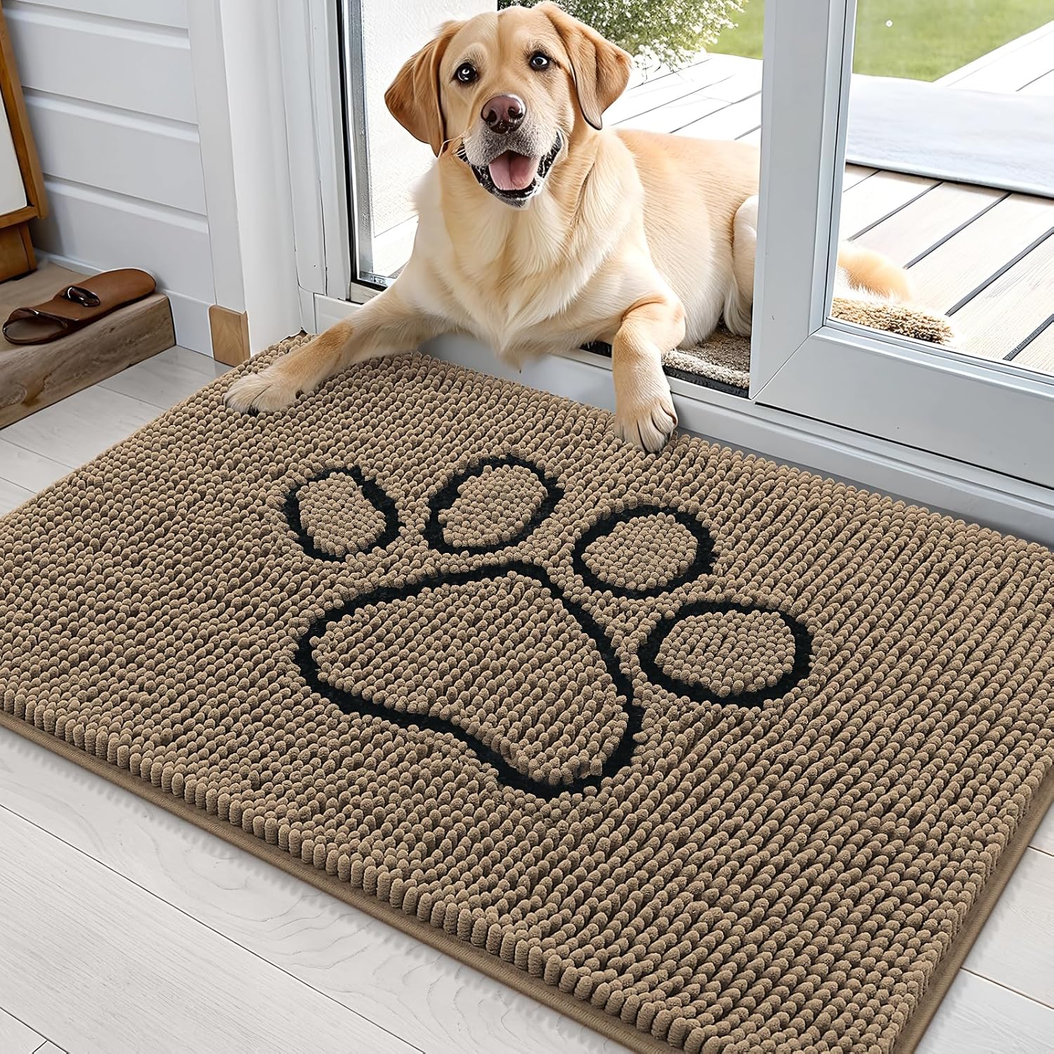 OLANLY Dog Door Mat - Absorbent Non-Slip Mud Mat for Muddy Paws | 36x24 Tan Chenille Design