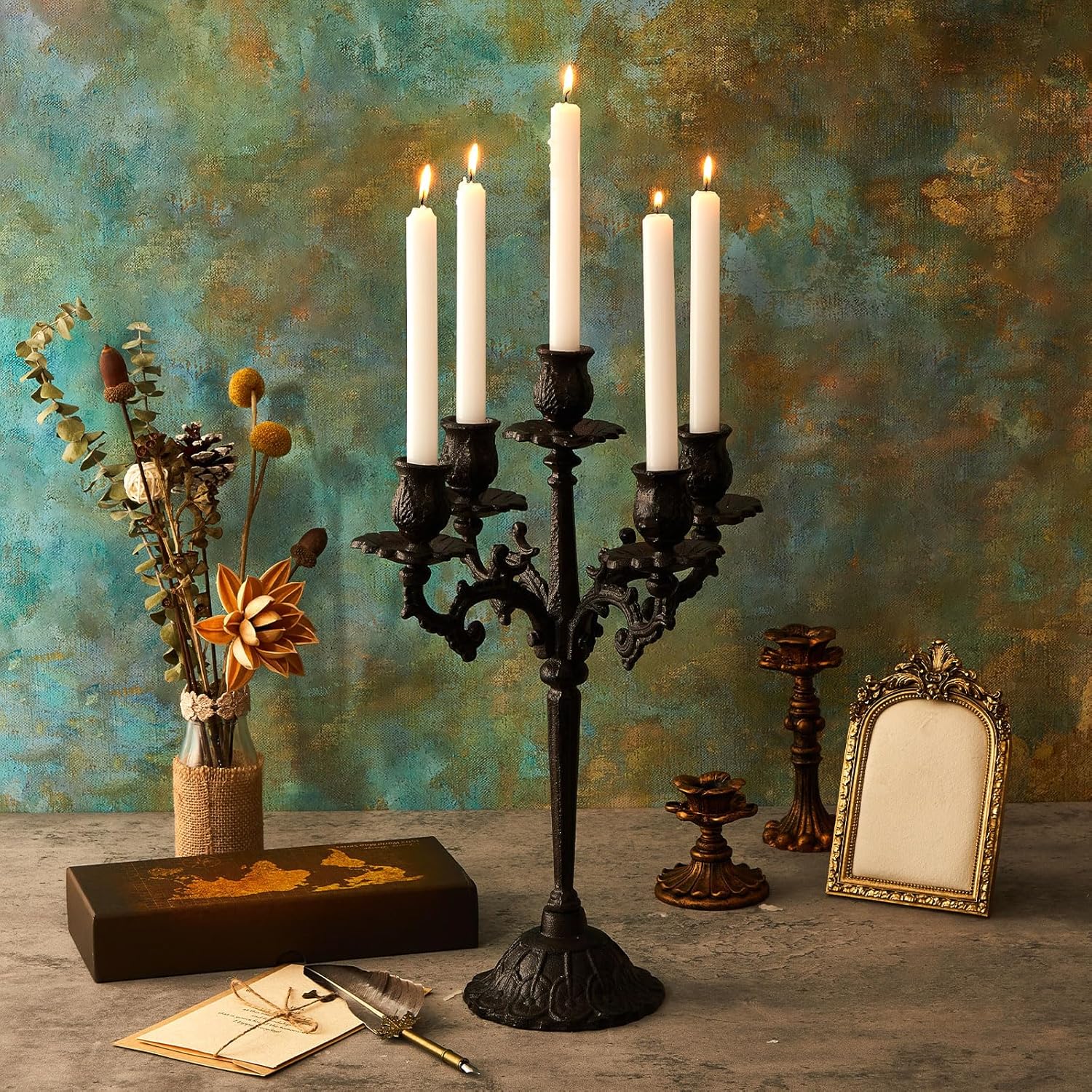 Mumufy Black Candelabra Set - 5 Arm Cast Iron Candle Holders | 16.7" Vintage Gothic Centerpieces