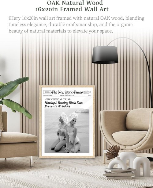 iHery Wall Art | Trendy Framed Canvas Decor - Prevents Wrinkles, Natural Oak, Large 16x20in