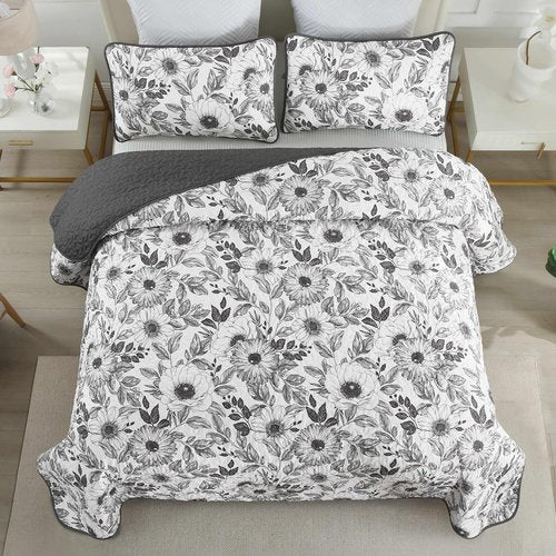 Drucon Grey Floral Quilt Set Queen Size 3 Pieces Botanical Flower Quilt Coverlet Set with 2 Pillowcases Lightweight Soft Microfiber Bedding Set Bedspread for All Season 96"x90"