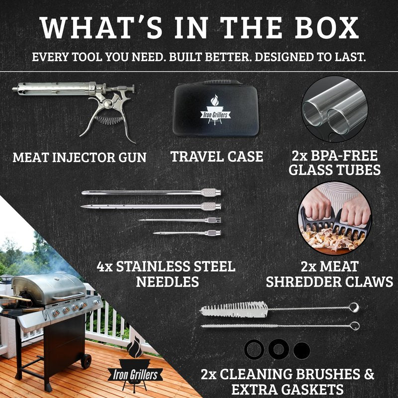 Professional Meat Injector Marinade Gun Kit for Smoking & Grilling Tender Brisket, Turkey, BBQ - Large 2 Oz Capacity with Metal Protective Case - No Leaks, Clogs or Mess + Meat Shredding Claws