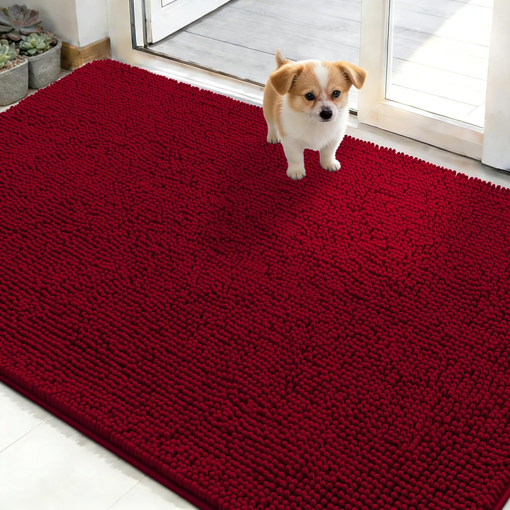 OLANLY Dog Door Mat - Absorbent Non-Slip Washable Doormat for Muddy Paws | 50x30 Red Chenille Carpet