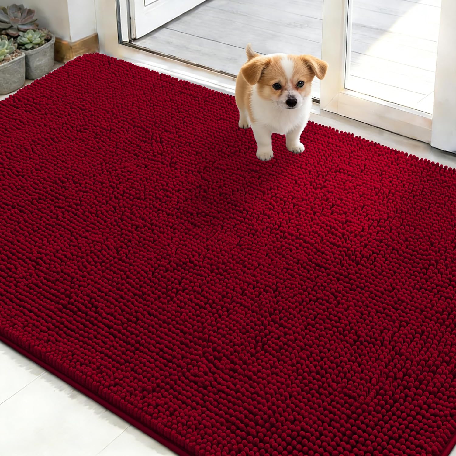 OLANLY Dog Door Mat - Absorbent Non-Slip Washable Doormat for Muddy Paws | 48x30 Red Chenille Carpet