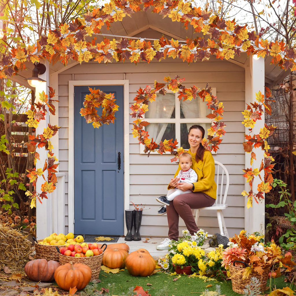 Helimoto Autumn Garland, 8Pack 47.2 FT Fall Garland, Artificial Maple Indoor Autumn Leaves Garlands, Hanging Fall Decorations for Home Thanksgiving Halloween Decor Wedding Party Wall Fireplace Mantle