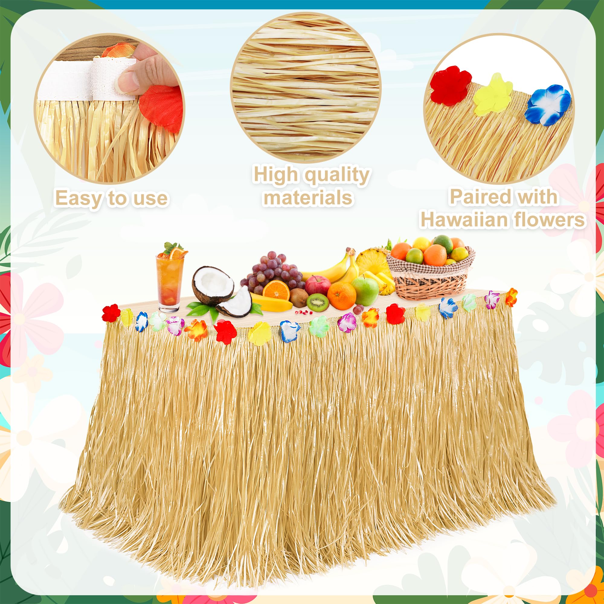 Luau Party Decorations, 2PCS Gold Hawaiian Themed Table Skirt Party Decorations, Flower 108 X 29.5" Grass Skirts Luau Party Favors, Luau Table Skirt for Summer Tropical Hula Parties Decor Accessories
