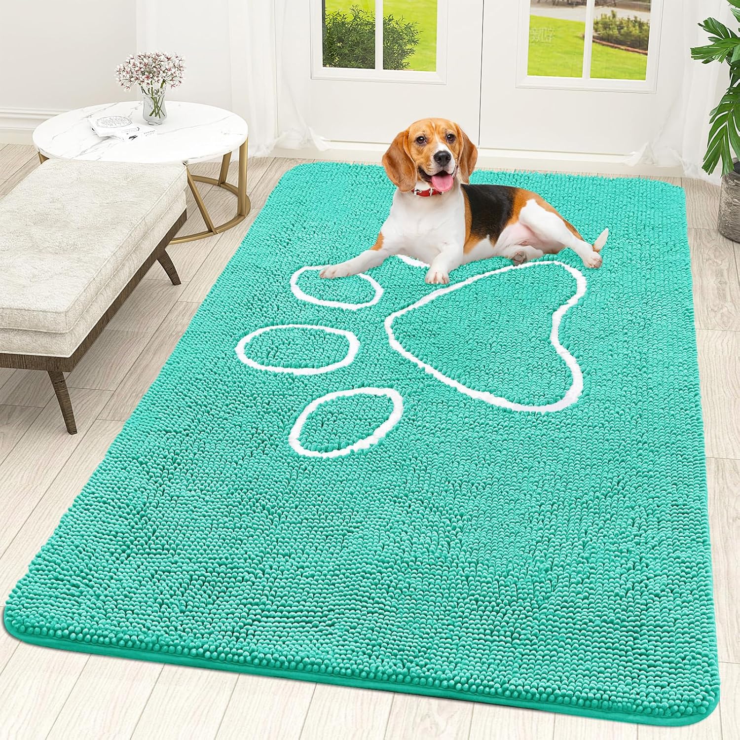 OLANLY Dog Door Mat - Absorbent Non-Slip Mud Mat for Paws | 59x35 Teal Chenille Design