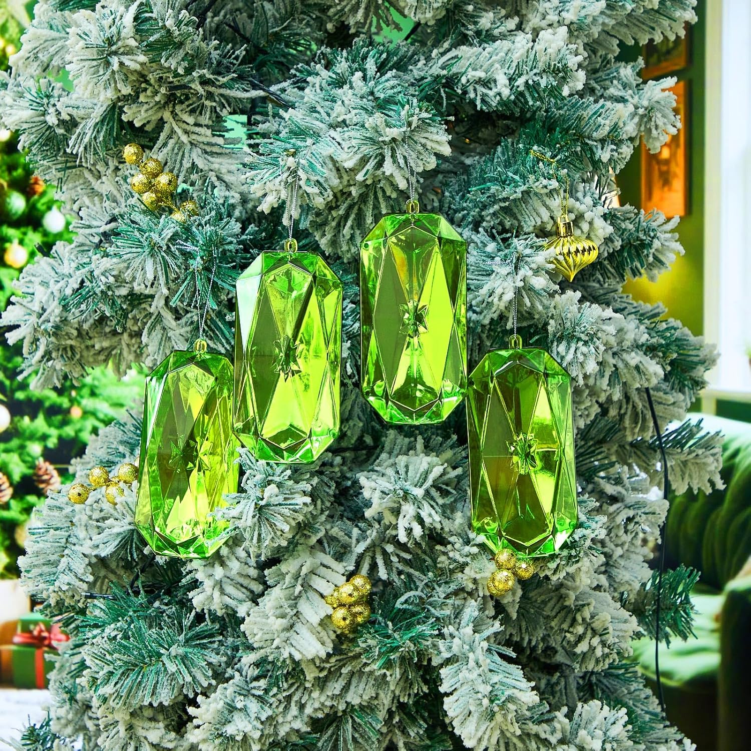Syhood 4 Pack Acrylic Green Jewel Ornaments - 5.7 Inch Glittering Christmas Tree Decorations | Perfect for Weddings & Holiday Parties