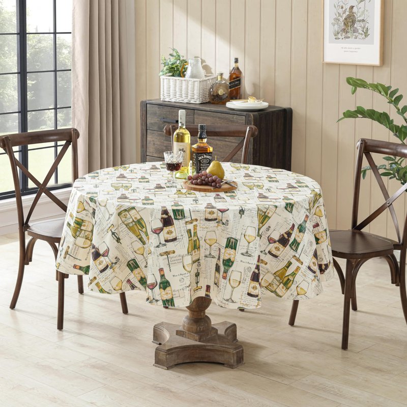 Newbridge Wine Tasting Vinyl Flannel Backed Tablecloth, French Wine Bottles and London Spirits Print, Easy Care Wipe Clean Indoor Outdoor Table Cover, 70 Inch Round