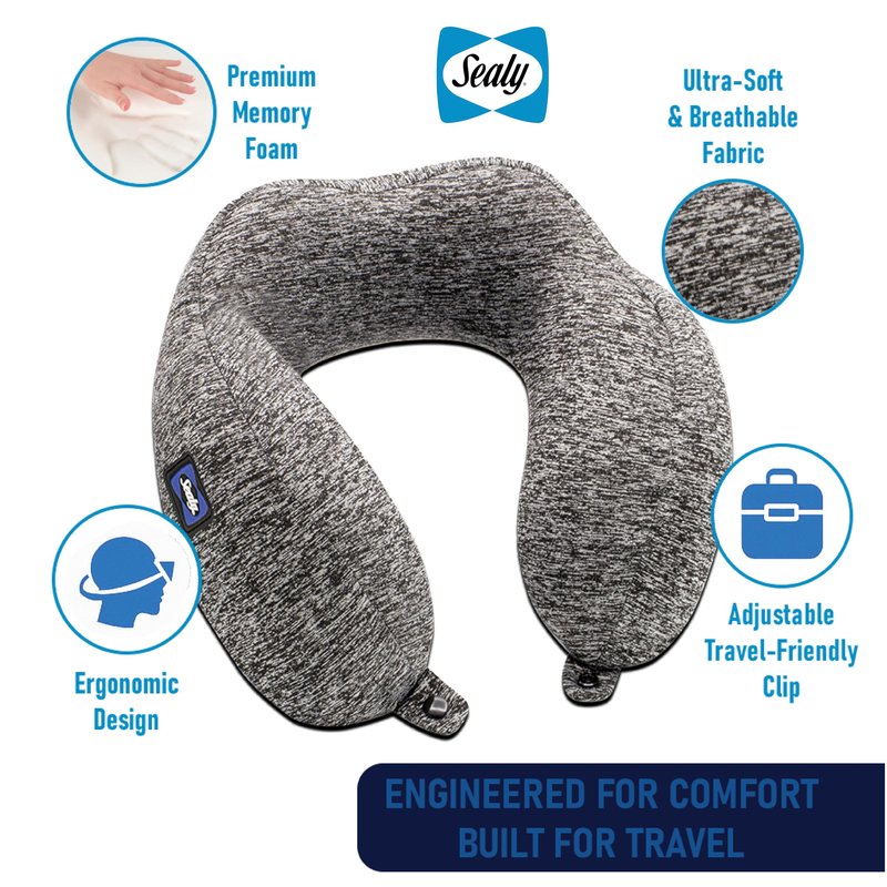 Sealy Travel Pillow – Airplane Pillow for Neck Support, Neck Pillow for Traveling, Travel Neck Pillow for Airplanes, Ergonomic Travel Pillow, Premium Support Travel Pillows for Long Flights