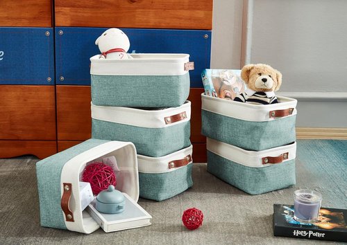 DECOMOMO Small Storage Baskets - Stylish Closet Organizers for Shelves | Teal & White, 6 Pack