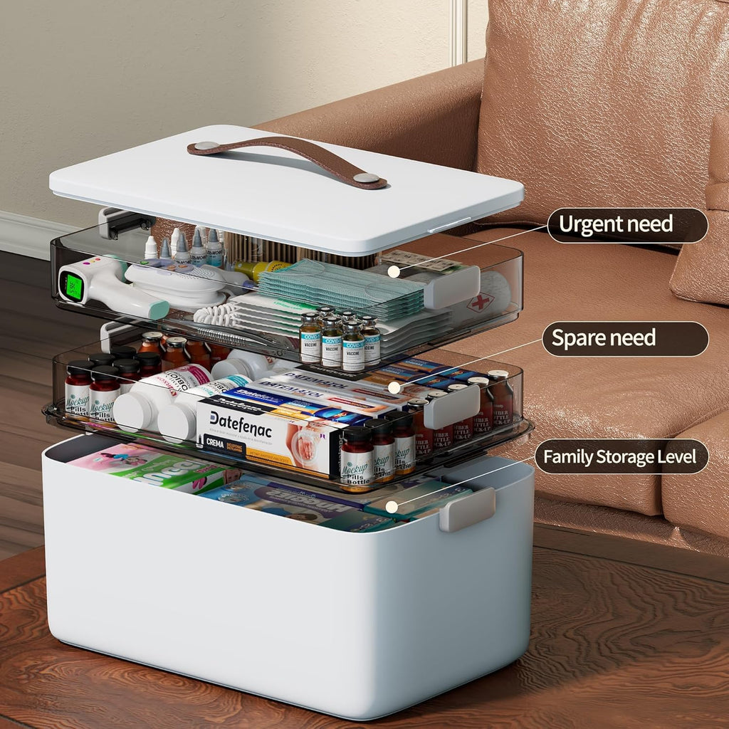 Spreezy 3-Tier Medicine Organizer - Portable Stackable Storage Box with Clear Compartments for Pills & First Aid