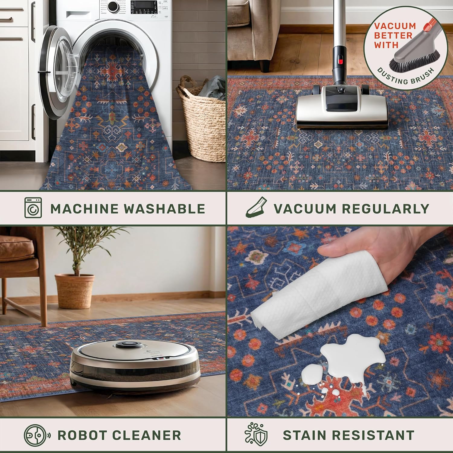 Skiennix Washable 4x6 Area Rug - Stain Resistant Non-Slip Design for Living Room & Kitchen | Navy Blue